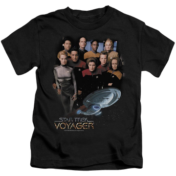 Black kid's t-shirt for ages 4 to 7 with Star Trek Voyager Crew graphic