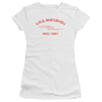 White juniors t-shirt with Star Trek Shenzhou Athletic graphic