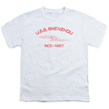 White youth t-shirt for ages 8 to 12 with Star Trek Discovery Shenzhou Athletic graphic