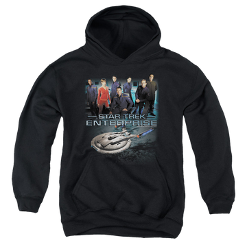 Black youth hoodie for ages 8 to 12 with Star Trek Enterprise Crew graphic
