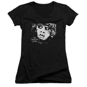 Black juniors v-neck t-shirt with The Twilight Zone Winger graphic