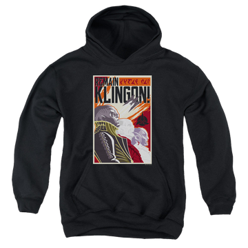 Black youth hoodie for ages 8 to 12 with Star Trek Discovery Remain Klingson Poster graphic