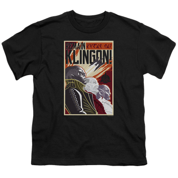Black youth t-shirt for ages 8 to 12 with Star Trek Discovery Remain Klingson Poster graphic