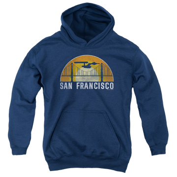 Navy youth hoodie for ages 8 to 12 with San Francisco Trek graphic
