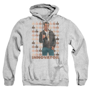Athletic heather pullover hoodie with Happy Days Innovator graphic