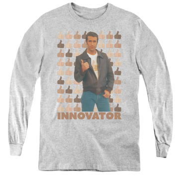 Athletic heather youth long sleeve t-shirt with Happy Days Innovator graphic