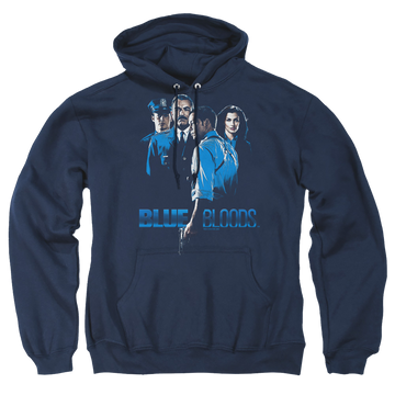 Navy pullover hoodie with Blue Bloods graphic