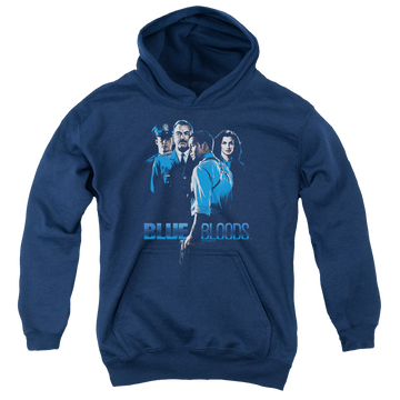 Navy youth hoodie for ages 8 to 12 with Blue Bloods graphic