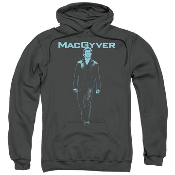 Charcoal pullover hoodie with Macgyver graphic