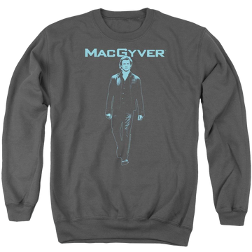 Charcoal men's crewneck sweatshirt with Macgyver graphic