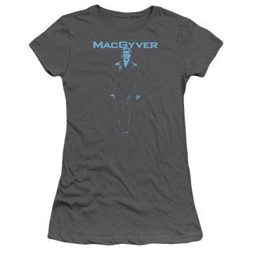 Charcoal juniors t-shirt with Macgyver graphic