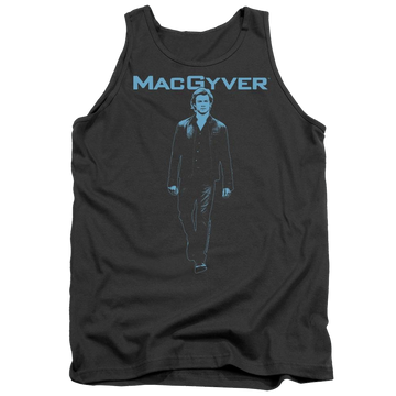 Charcoal men's tank with Macgyver graphic