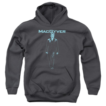 Charcoal youth hoodie for ages 8 to 12 with Macgyver graphic