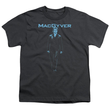 Charcoal youth t-shirt for ages 8 to 12 with Macgyver graphic