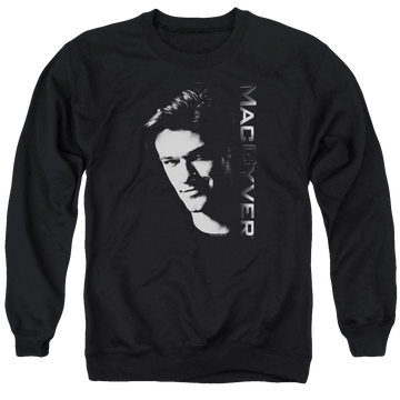Black men's crewneck sweatshirt with Macgyver graphic