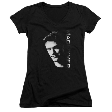 Black juniors v-neck t-shirt with Macgyver graphic