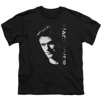 Black youth t-shirt for ages 8 to 12 with Macgyver graphic