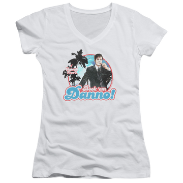White juniors v-neck t-shirt with Hawaii Five-O Hawaii 5 0 graphic