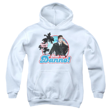 White youth hoodie for ages 8 to 12 with Hawaii Five-O Hawaii 5 0 graphic