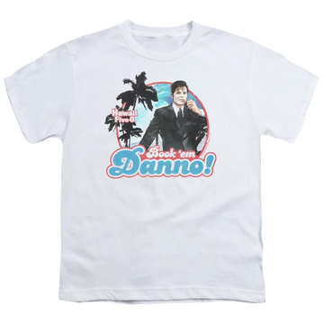 White youth t-shirt for ages 8 to 12 with Hawaii Five-O Hawaii 5 0 graphic