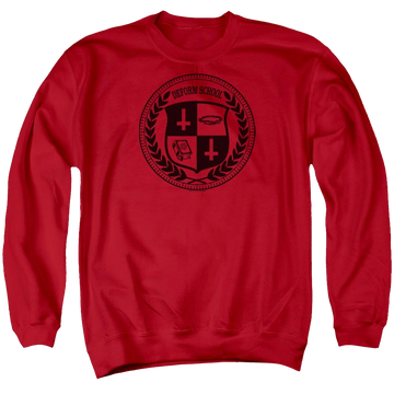 Red men's crewneck sweatshirt with Hell Fest Deform School graphic