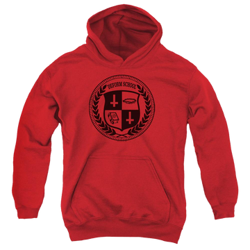 Red youth hoodie for ages 8 to 12 with Hell Fest Deform School graphic