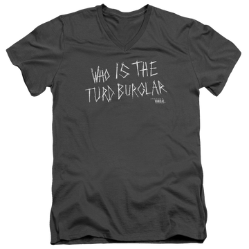 Charcoal men's v-neck t-shirt with American Vandal Turd Burglar graphic