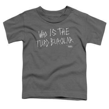 Charcoal toddler t-shirt with American Vandal Turd Burglar graphic