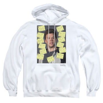 White pullover hoodie with American Vandal Detention graphic