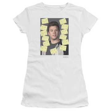 White juniors t-shirt with American Vandal Detention graphic