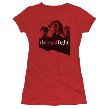 Red juniors t-shirt with Good Fight Diane Lucca Maia graphic