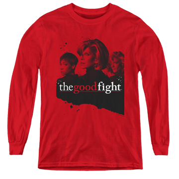 Red youth long sleeve t-shirt with Good Fight Diane Lucca Maia graphic
