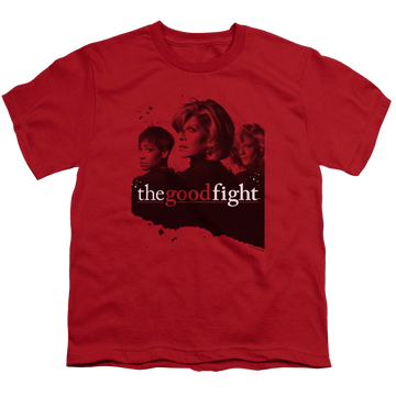 Red youth t-shirt for ages 8 to 12 with Good Fight Diane Lucca Maia graphic