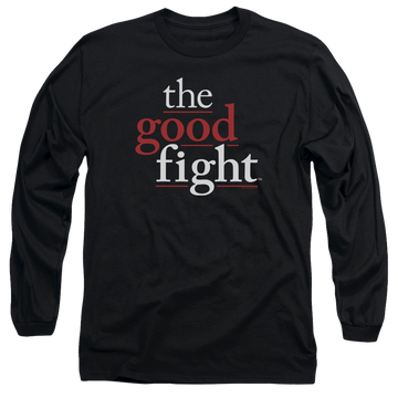 Black men's long sleeve t-shirt with Good Fight Logo graphic