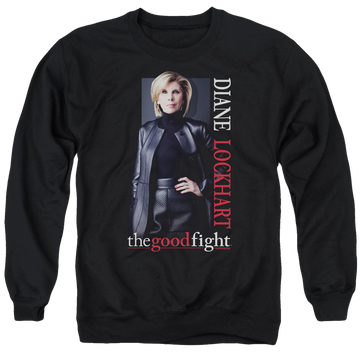 Black men's crewneck sweatshirt with Good Fight Diane graphic
