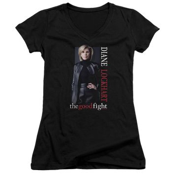 Black juniors v-neck t-shirt with Good Fight Diane graphic