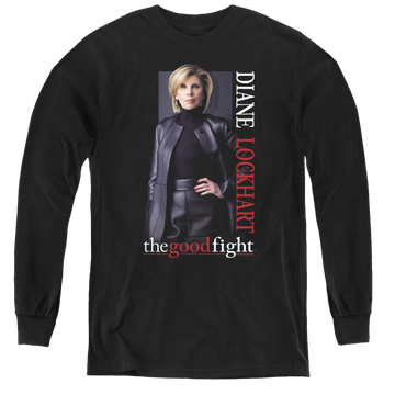 Black youth long sleeve t-shirt with Good Fight Diane graphic