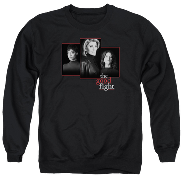 Black men's crewneck sweatshirt with The Good Fight Cast graphic