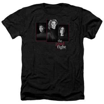 Charcoal men's heather t-shirt with The Good Fight Cast graphic