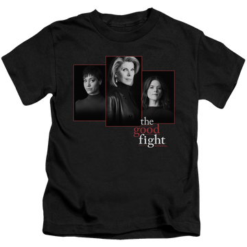 Black kid's t-shirt for ages 4 to 7 with The Good Fight Cast graphic