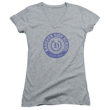Athletic heather juniors v-neck t-shirt with American Vandal Hanover Seal graphic
