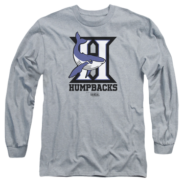 Athletic heather men's long sleeve t-shirt with American Vandal Humpbacks graphic