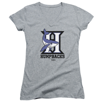 Athletic heather juniors v-neck t-shirt with American Vandal Humpbacks graphic