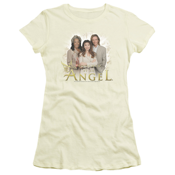 Cream juniors t-shirt with Touched by an Angel An Angel graphic