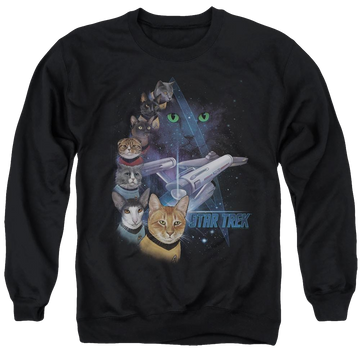 Black men's crewneck sweatshirt with Star Trek The Original Series Feline Galaxy graphic