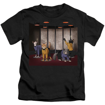 Black kid's t-shirt for ages 4 to 7 with Star Trek The Original Series Beam Meow Up graphic