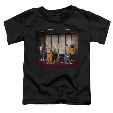 Black toddler t-shirt with Star Trek The Original Series Beam Meow Up graphic