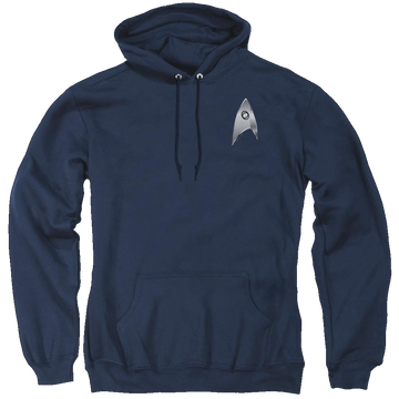 Navy pullover hoodie with Star Trek Discovery Sciences Badge graphic