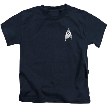 Navy kid's t-shirt for ages 4 to 7 with Star Trek Discovery Sciences Badge graphic
