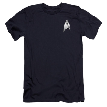 Navy men's premium slim fit t-shirt with Star Trek Discovery Sciences Badge graphic